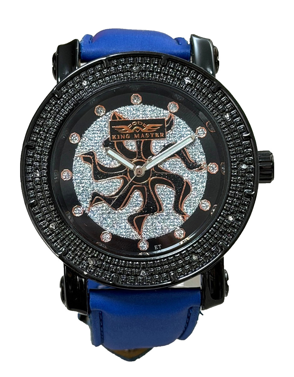 Mens King Master Genuine Diamond Watch Black Case Blue Leather Band km-531