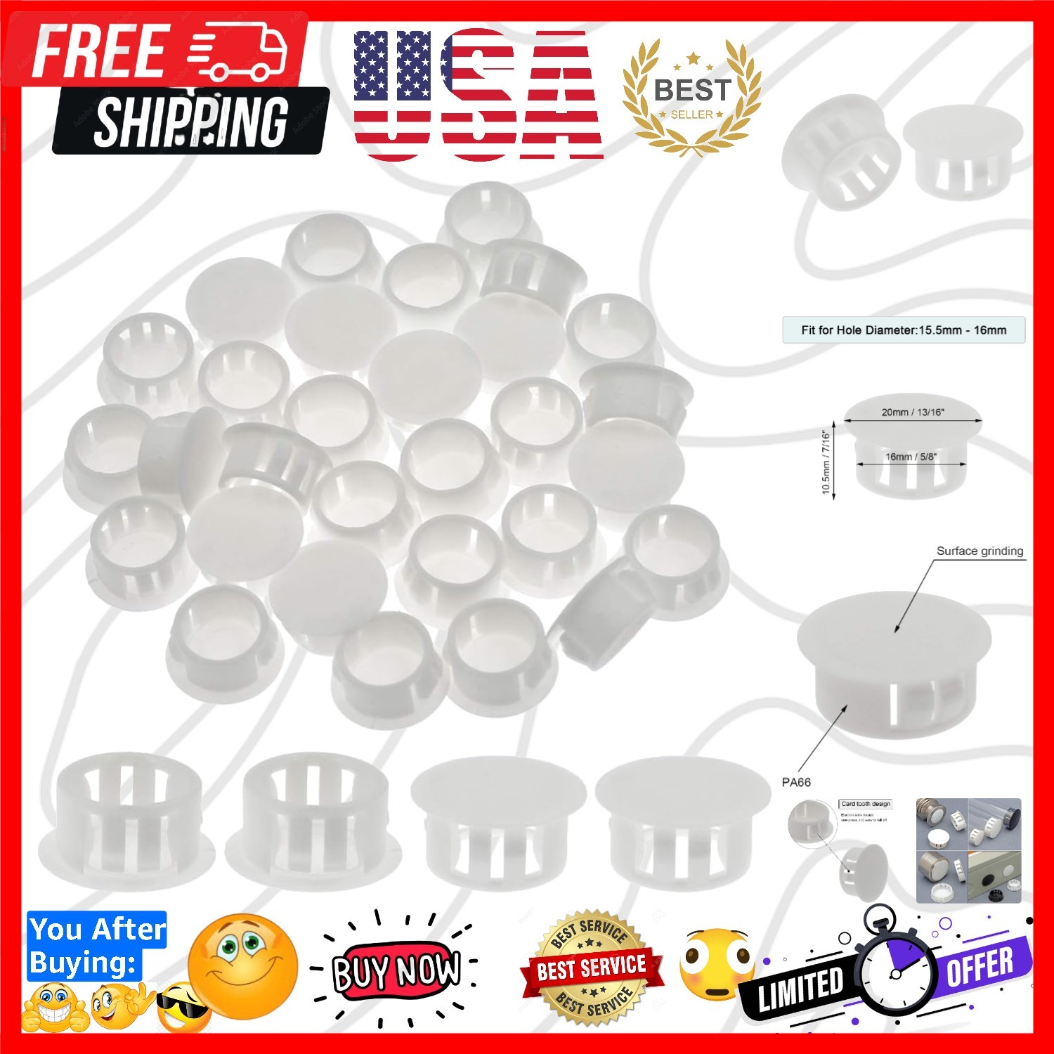 30PCS 16mm 5/8″ White Hole Plugs Plastic | Flush Type, Snap in Locking, Furni…