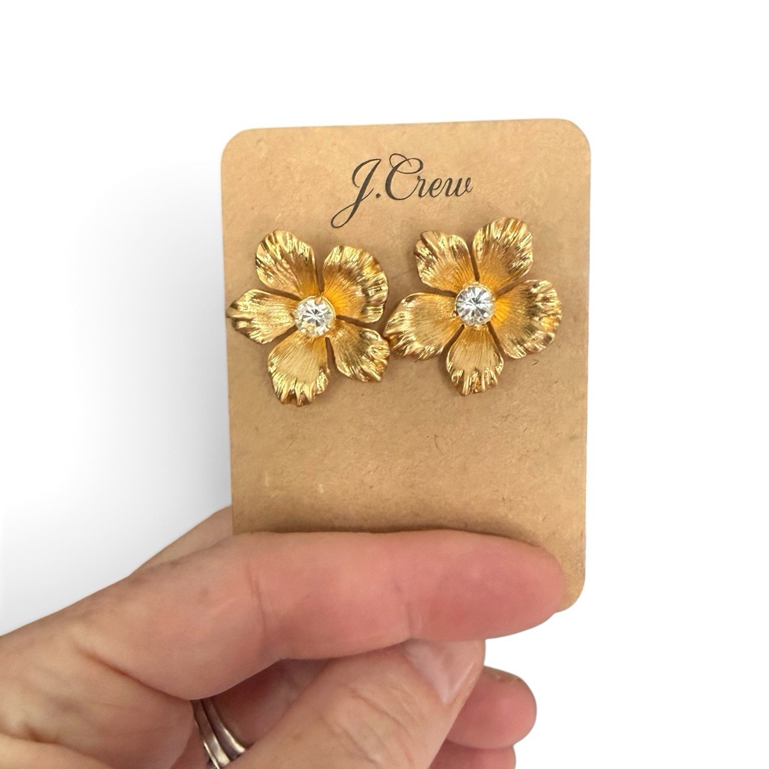 J.Crew Gold Tone Flower Stud Earrings Clear Crystal Center Hypoallergenic EG7360