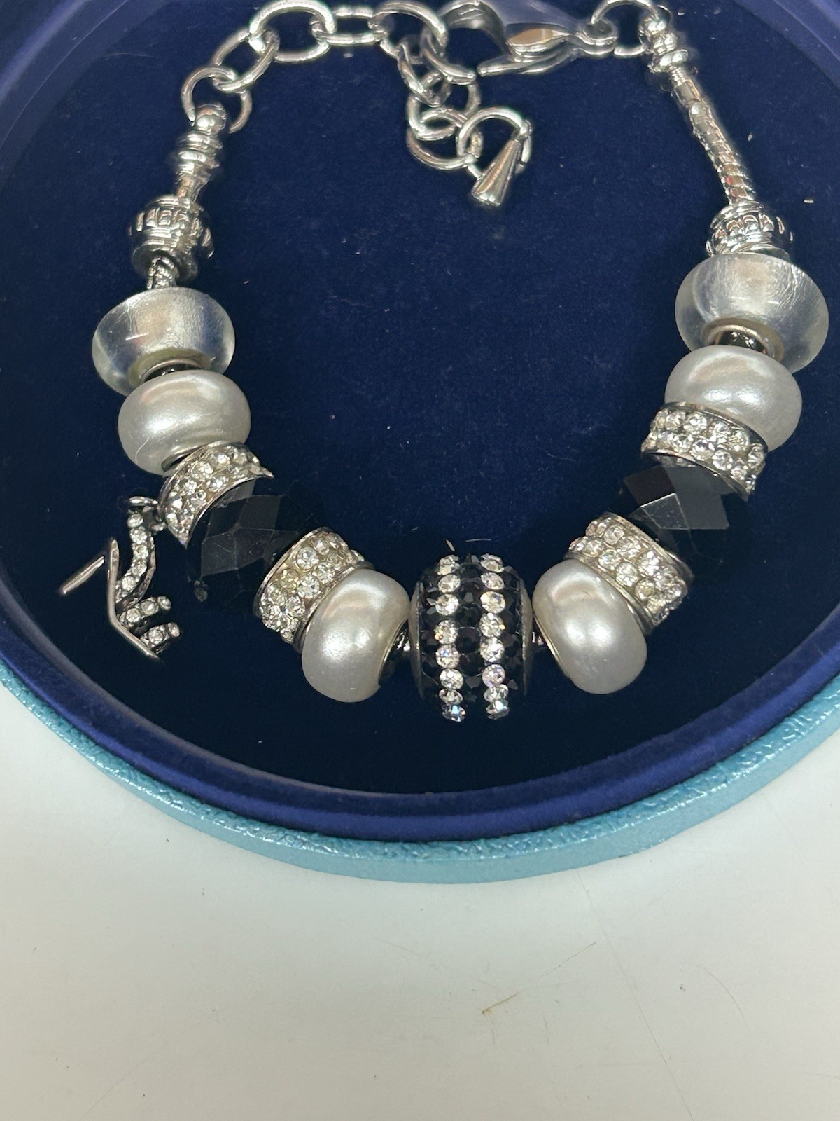Bella Perlina Charm Bracelet with Black & White Beads and Rhinestone Accents
