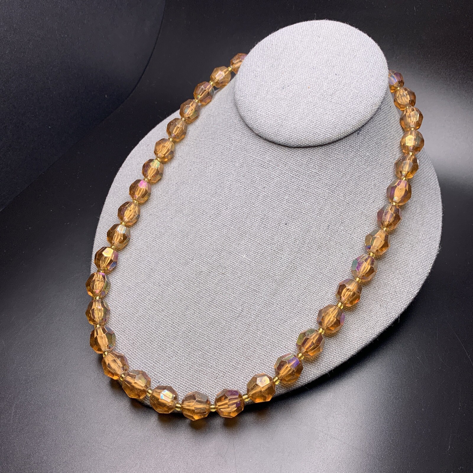 Honey Amber Tone Acrylic Bead Necklace Aurora Borealis AB Coated Beaded Vintage