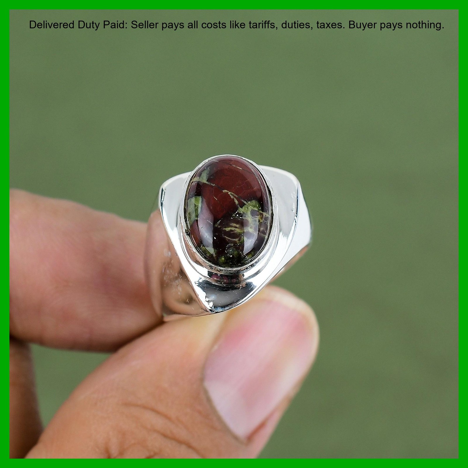 925 Silver Oval Natural Dragon Bloodstone Unique Bezel Artisan Wife Promise Ring