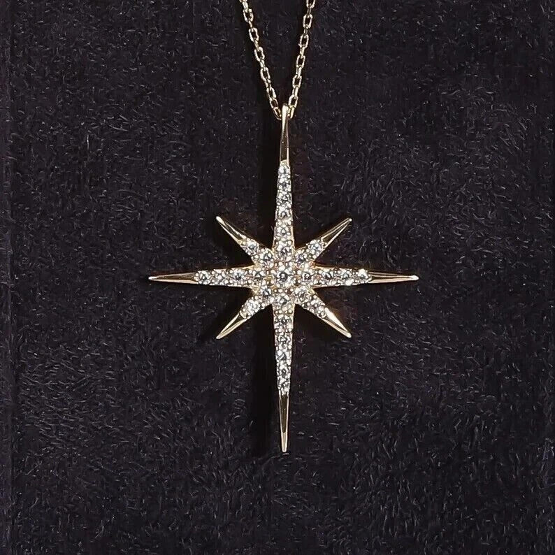 1 Ct Natural Moissanite North Star Pendant 14k Yellow Gold Plated Free Chain