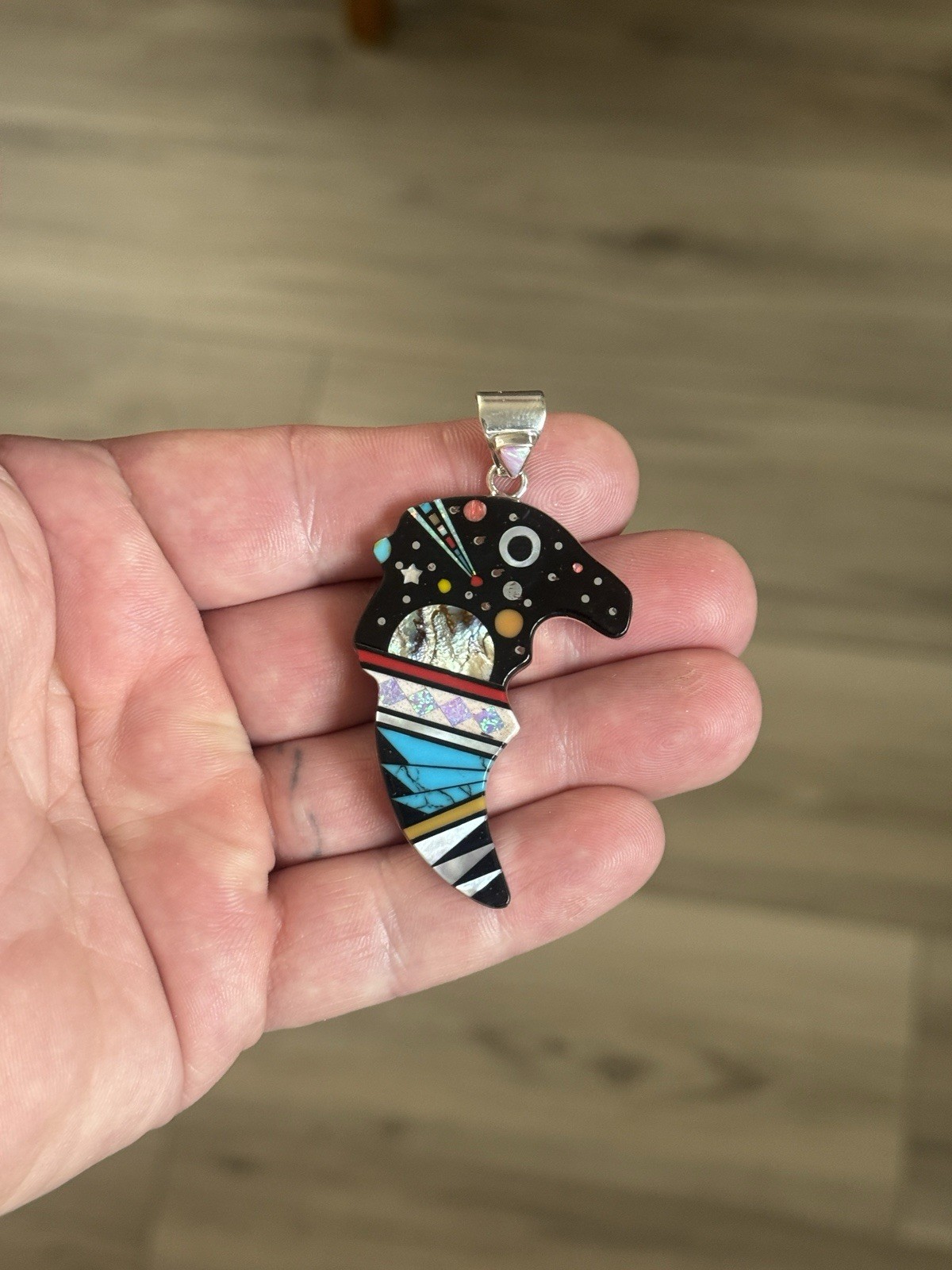 STERLING SILVER NATIVE AMERICAN SIGNED SM GALAXY INLAID EAGLE CLAW PENDANT .925