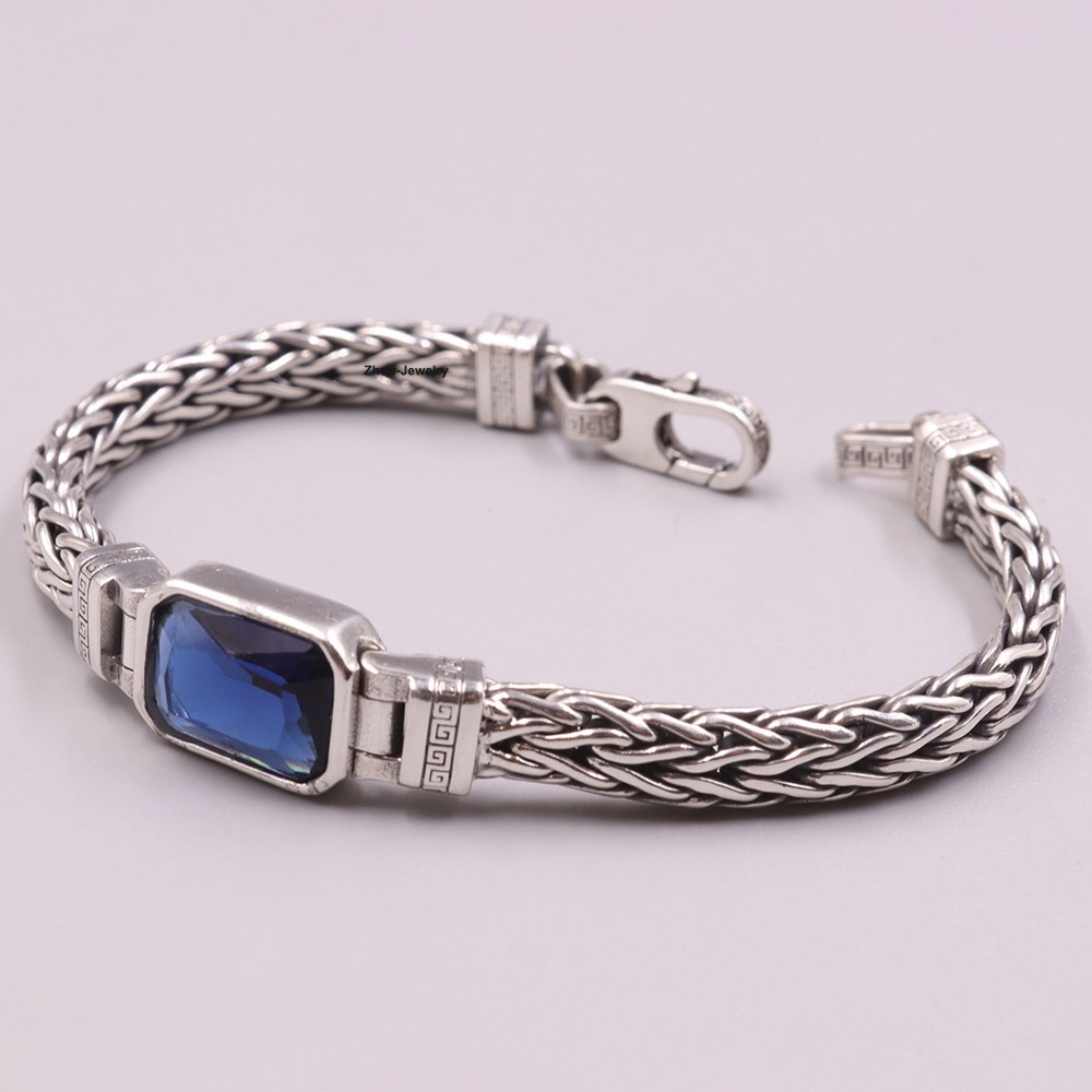 NEW Pure 925 Sterling Silver Blue Zircon Wheat Chain Women Men Bracelet 7.9inch