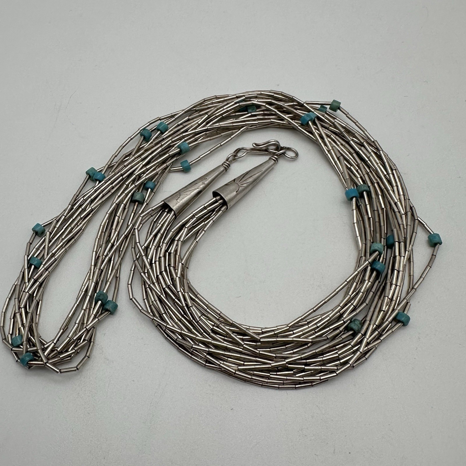 Liquid Sterling Silver & Turquoise Native American Necklace 25”, 10 Strand Vintg