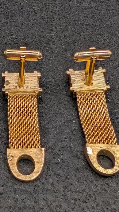 Vintage Mesh Chain Gold tone Modernist Square Clear Brown Stone Cuff Links