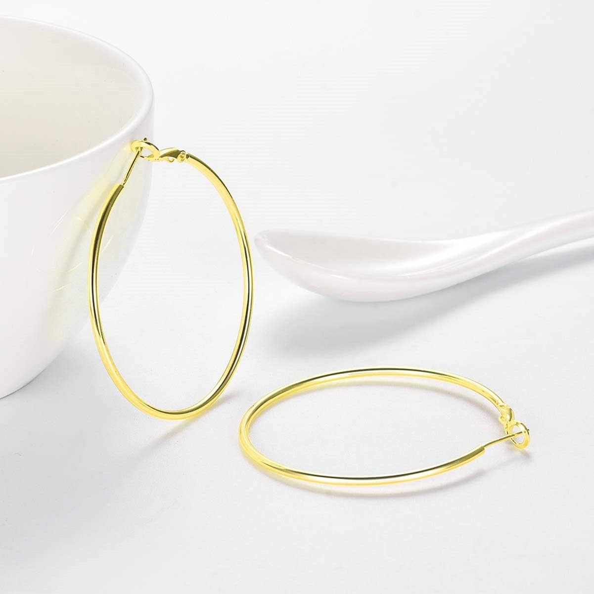 3 Pairs Sterling Silver Hoop Earrings, 14K White Gold Plated Big Hoop Earrings S