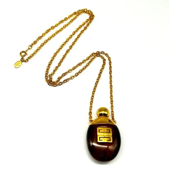 Vintage Givenchy 1977 Perfume Pendant Monogram Logo Tortoise Shell Stone 28″