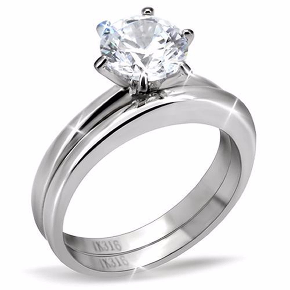 Stainless Steel Round Cut AAA CZ Women’s Wedding Engagement Ring Set Size 5-10