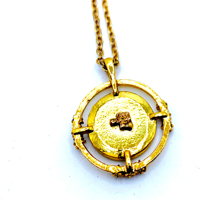 Vtg Gold Crown Inc Gold Tone Black Enamel Rhinestone Deco Rev. Pendant Necklace