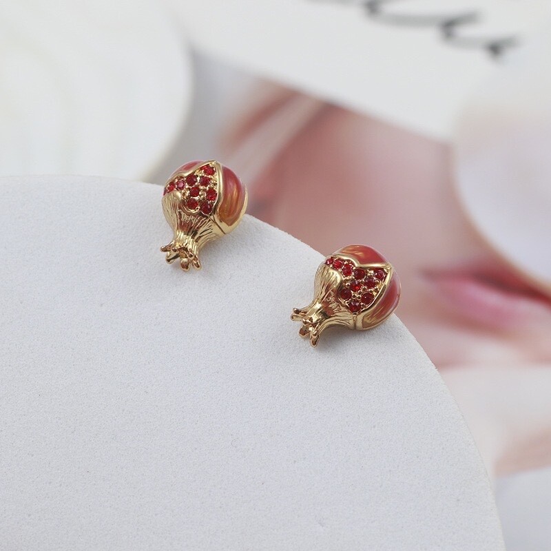 Enamel glaze red small pomegranate stud earrings.