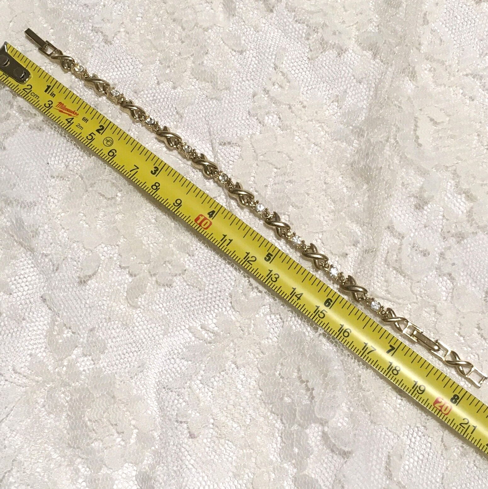 Vintage Chain Bracelet Gold tone X Link Avon Clear Rhinestones Fold over 8″