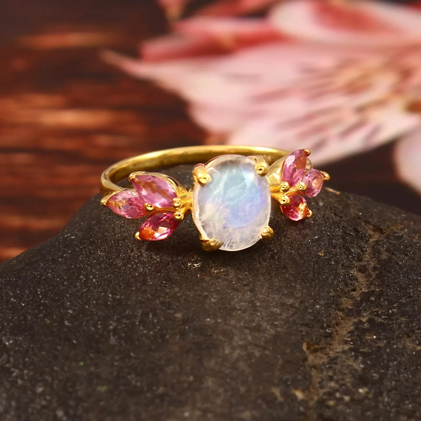 Natural Moonstone & Pink Tourmaline 925 Sterling Silver Gold Plated Ring