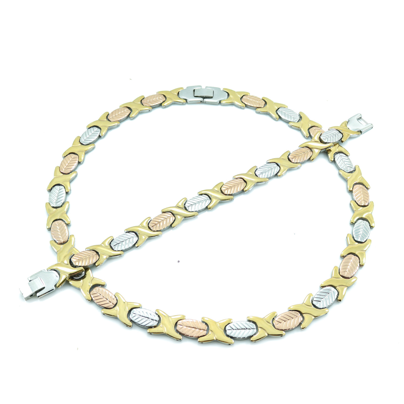 NEW Hugs and Kisses Necklace Bracelet Set Stampato Stainless Steel 3 Tone 18″