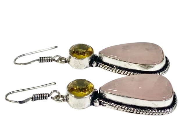 Rose Quartz & Faceted Citrine Teardrop Earrings Double Gems Handmade 12gm 2.8 in