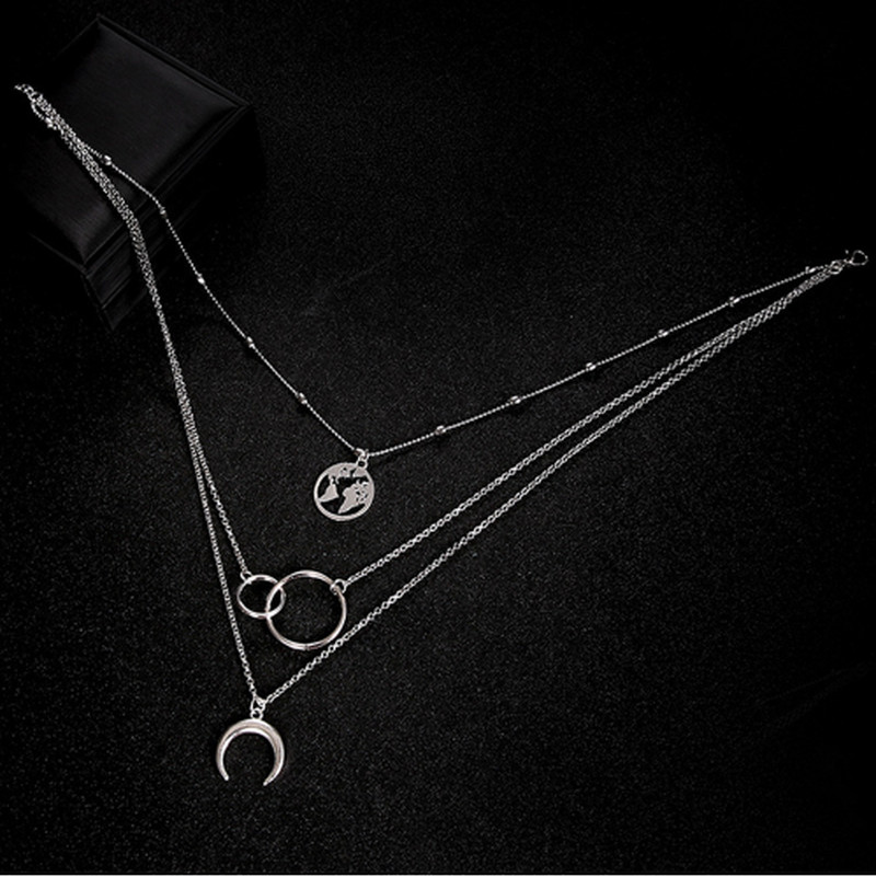 Women’s Layered Crescent Moon World Map Circle Pendant Necklace Silver Tone
