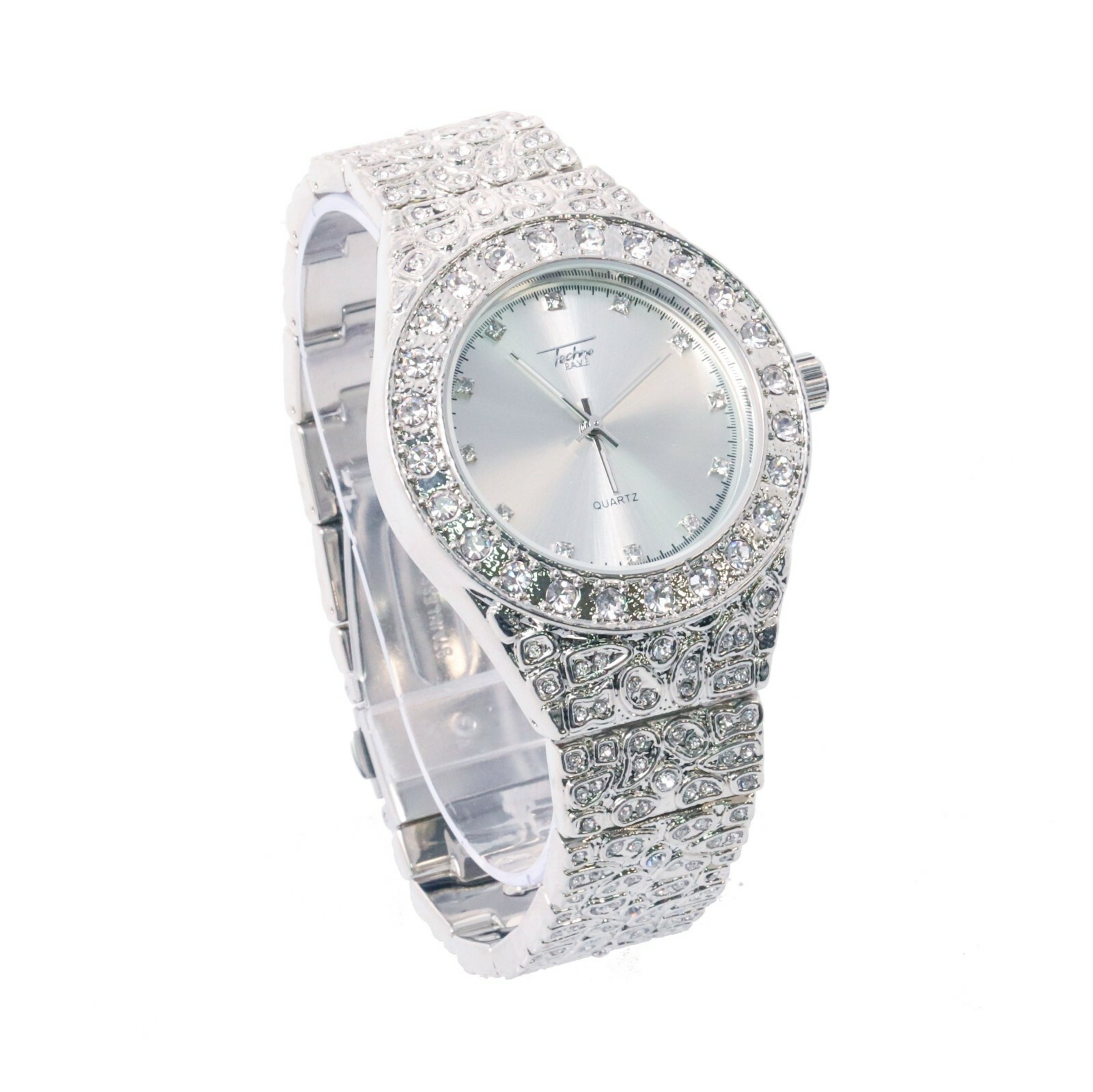 Men Fully Iced Watch Bling Rapper Simulate Diamond Metal Band Silver Hip Luxury