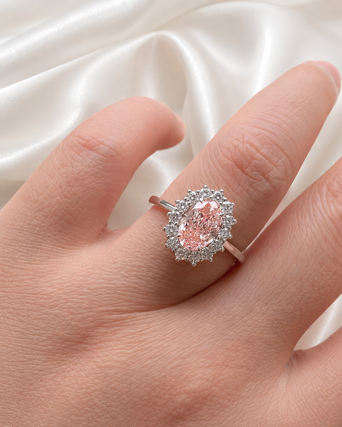 3.45 Carat Fancy Vivid Pink Oval Cut IGI Lab Created Diamond Ring 14k White Gold