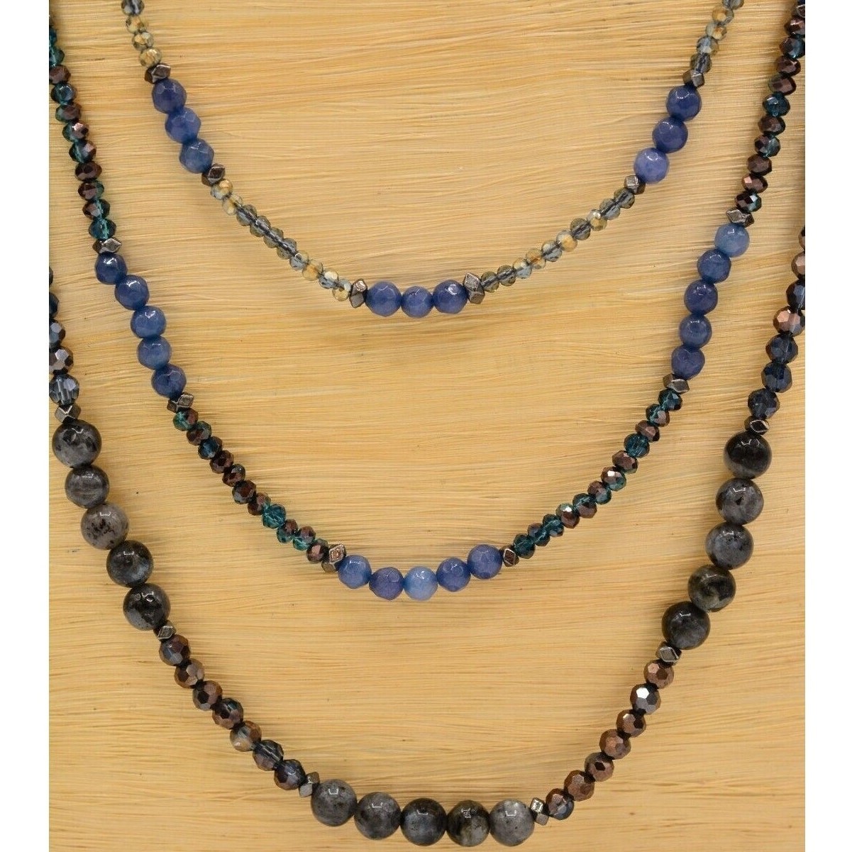 Nakamol Cabochon Necklace Blue Gray Crystal Beaded Chain Gold Tone SIgned 9J