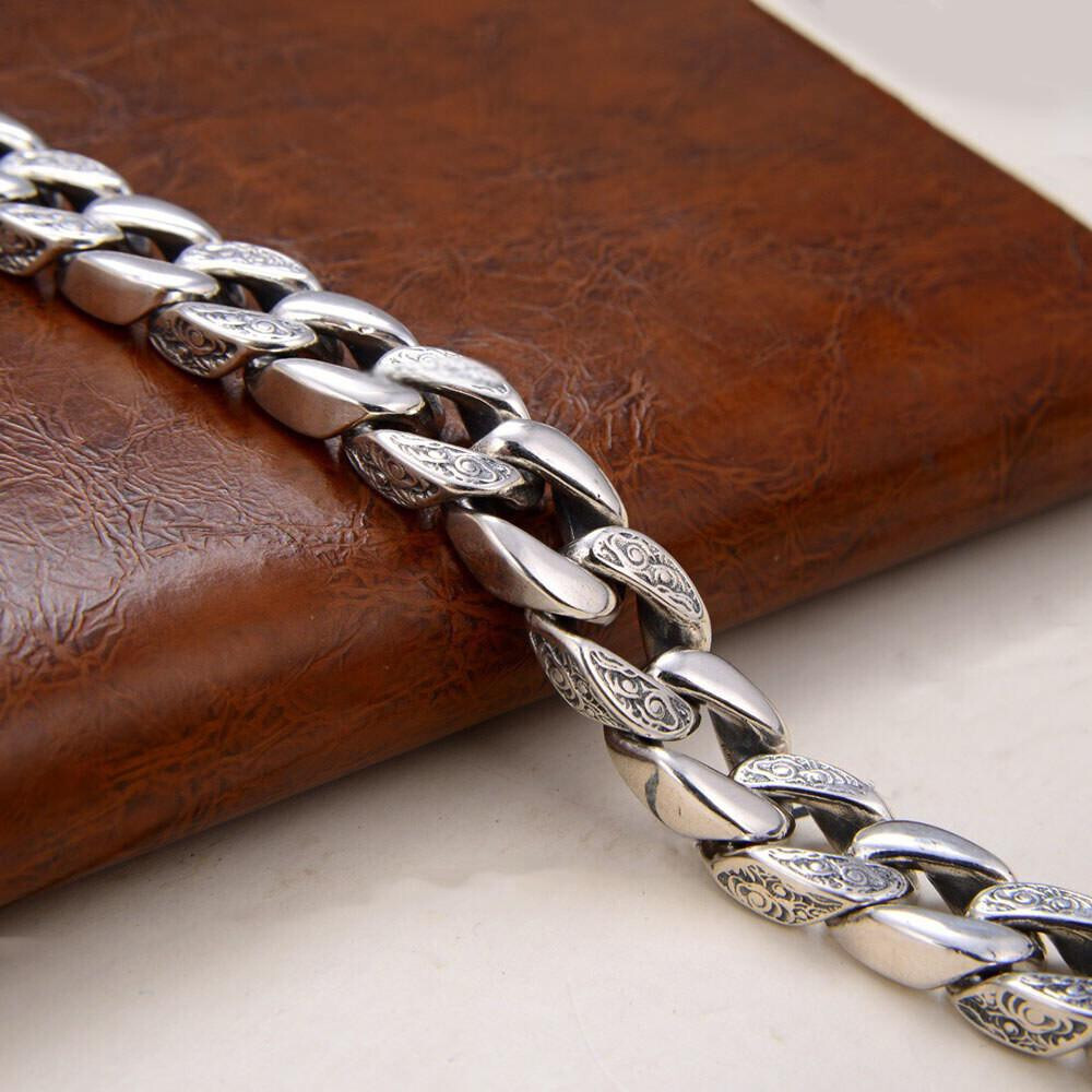 Pure S925 Sterling Silver Bracelet 11mm Vajra Six Words Curb Link Chain 7-8.7in