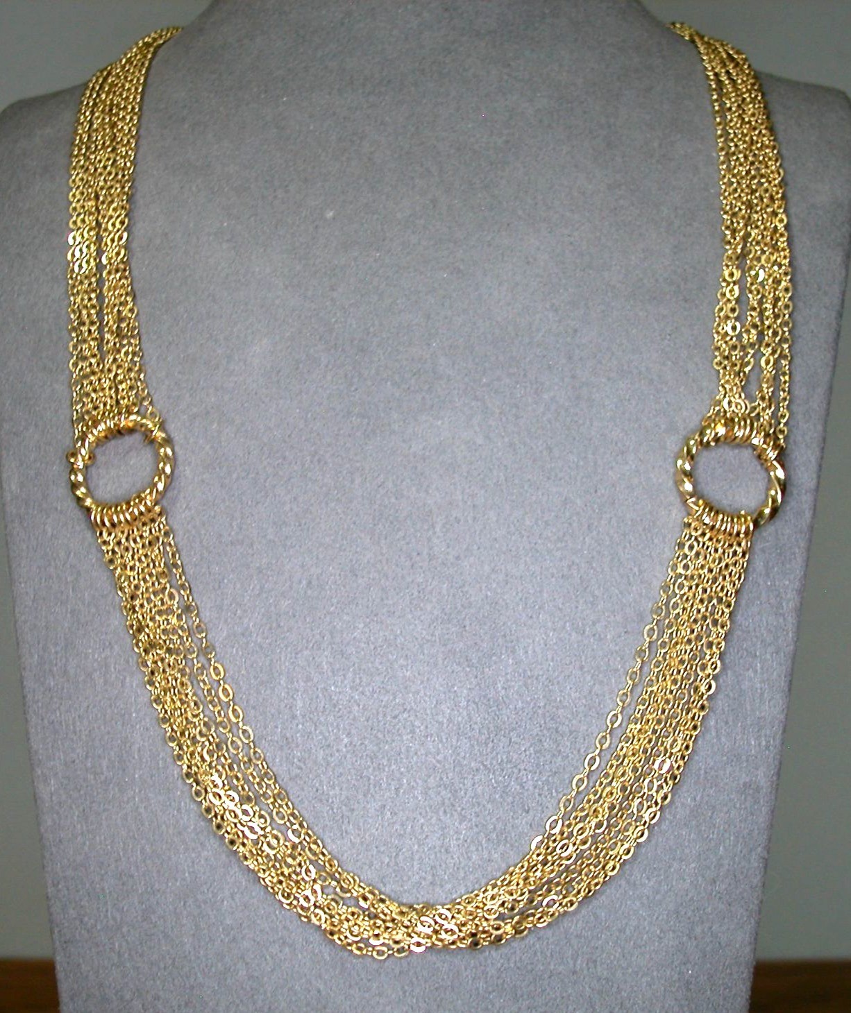 Gold Tone 9 Strand Necklace 34″ With Twisted Rings & 3″ Extension