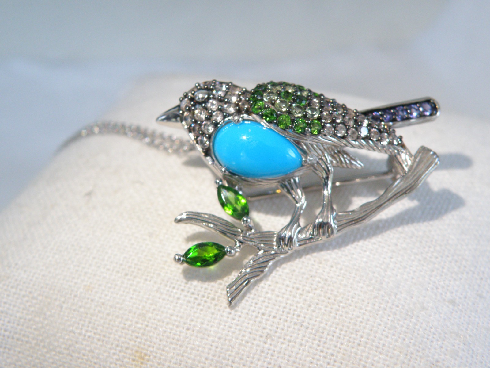 Victoria Wieck Sterling Silver 925 Turquoise Gemstone Bird Brooch Slide Necklace