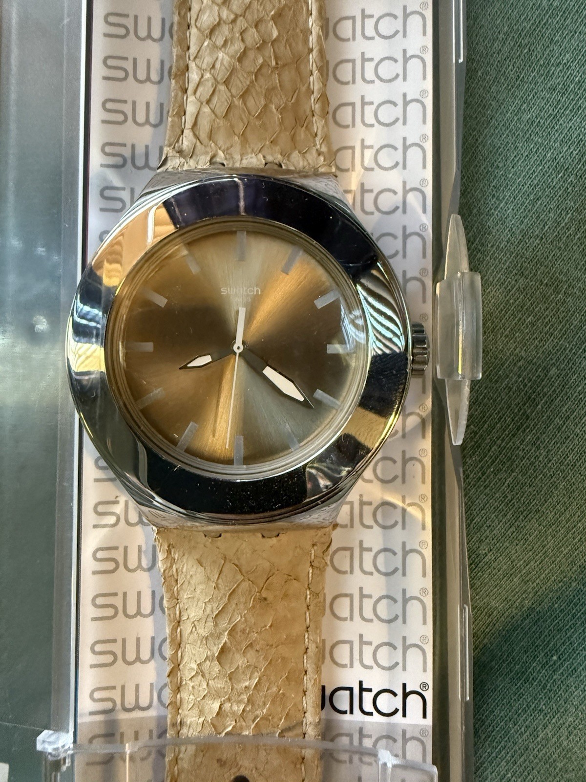 Swatch Women’s Irony Yns121 Beige Leather Quartz Watch With Gold Dial w/ Box