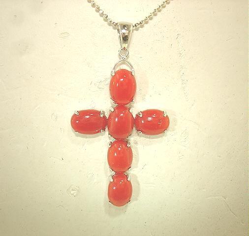 22.5MM SOLID 14K WHITE GOLD 6.18CTS ITALIAN RED CORAL OVAL BEAD CROSS PENDANT