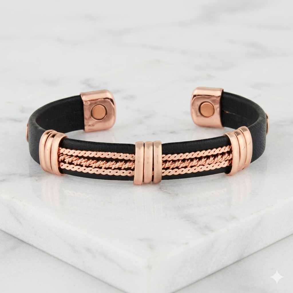 Solid Copper Leather Wrapped Magnetic Bracelet Arthritis Pain Therapy Cuff III