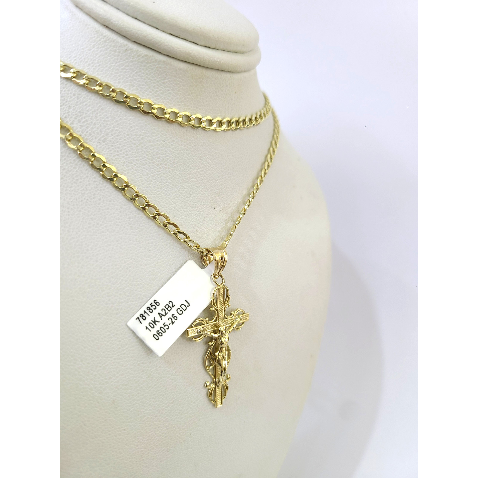 10K Gold Cuban Curb Link Chain Necklace Filigree Cross Pendant Set 3mm 18″–24″