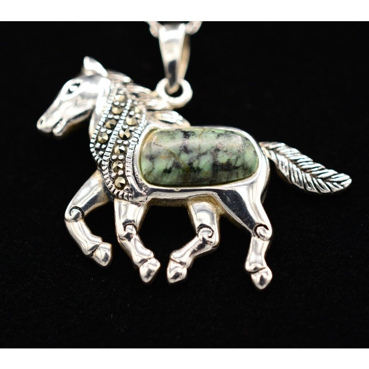 Vintage Horse Unicorn Pendant Necklace Sterling Silver 925 Chain Marcasite Bin4B