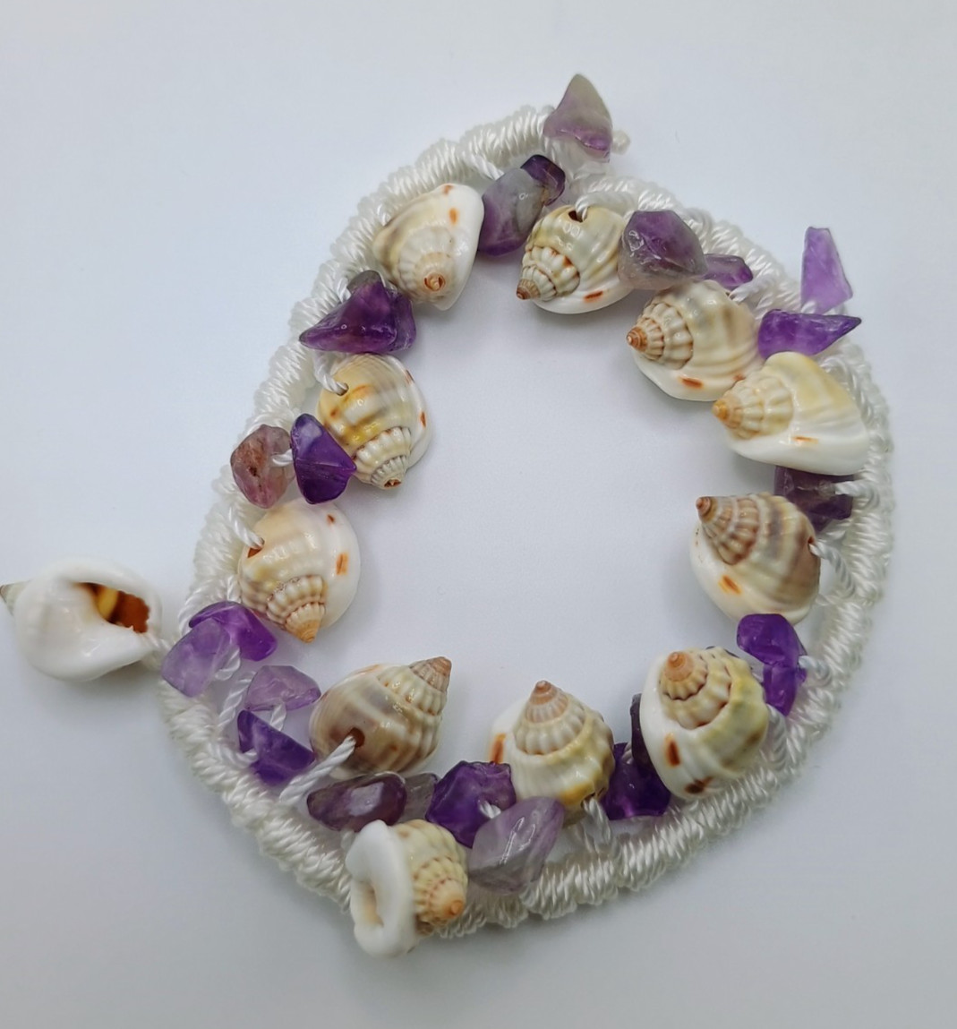 Macrame Beach Anklet with Amethyst and Natural Shells