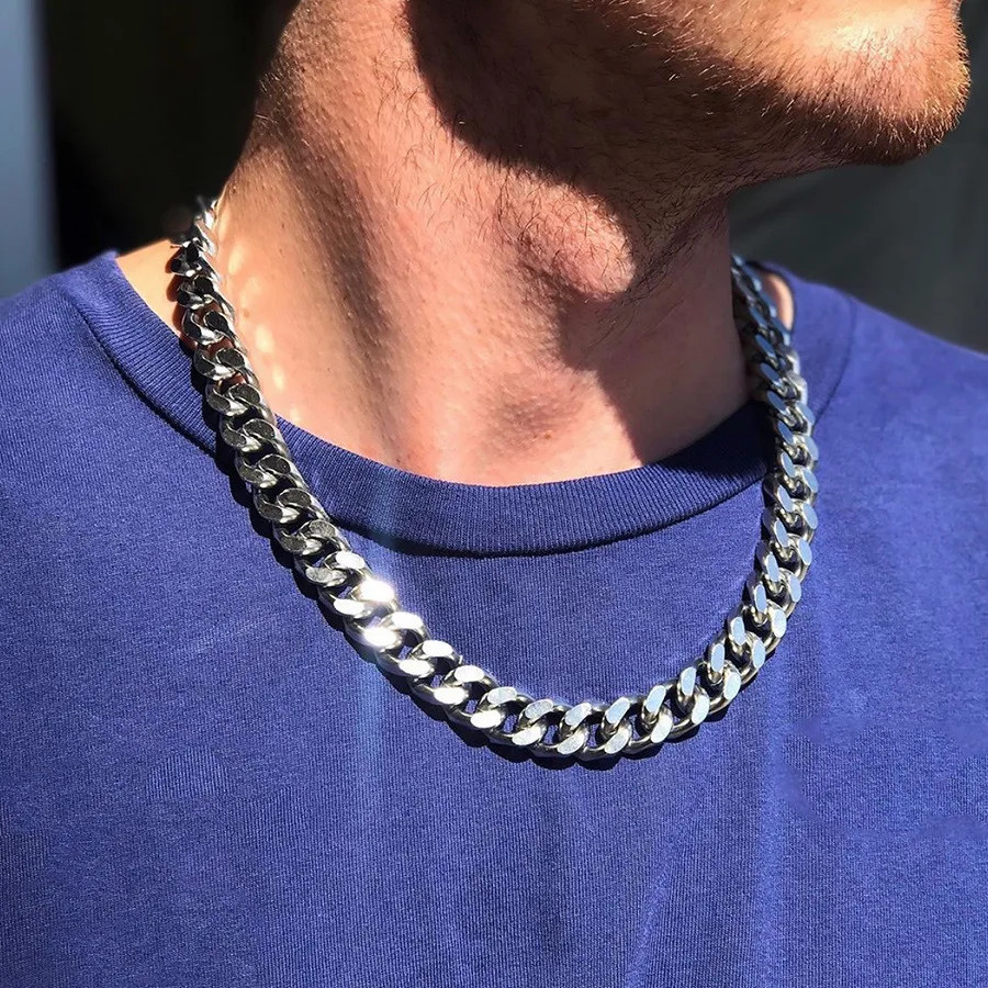 8MM-14MM Stainless Steel Cuban Chain Necklace For Men Punk Thick Long Neck Male