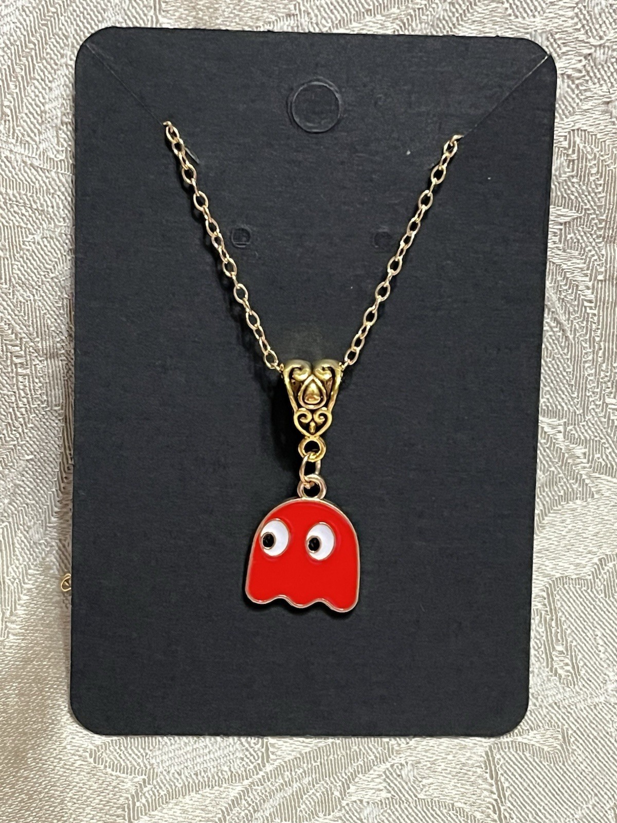 PAC Man Blinky Red Ghost Gold Enamel Fashion Video Game Novelty 18” Necklace