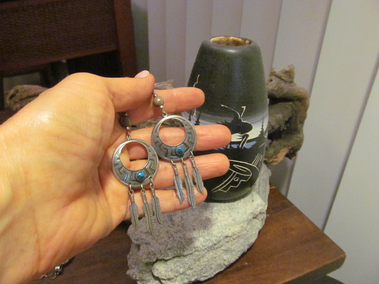 Vtg WM WHEELER MANUFACTURING Sterling Silver 925 Turquoise Feather Hook Earrings
