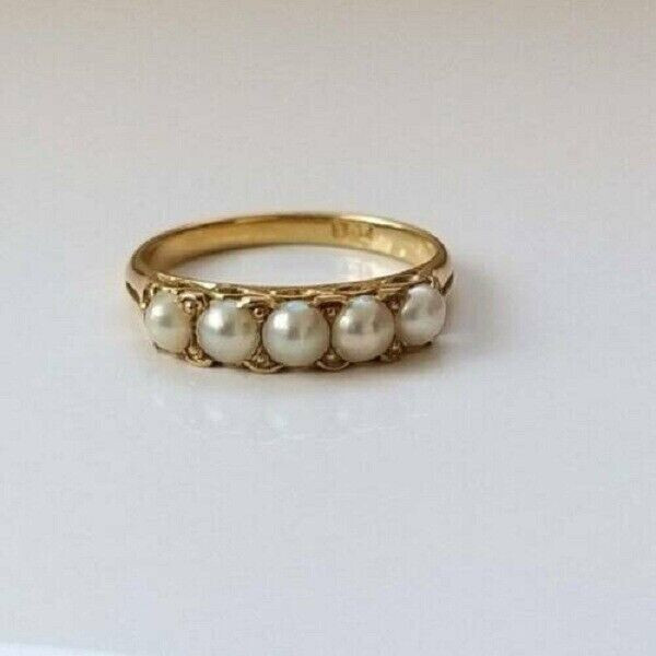 Pretty 3Ct Round Cut White Pearl Five Stone Engagement Ring 14K Yellow Gold FN