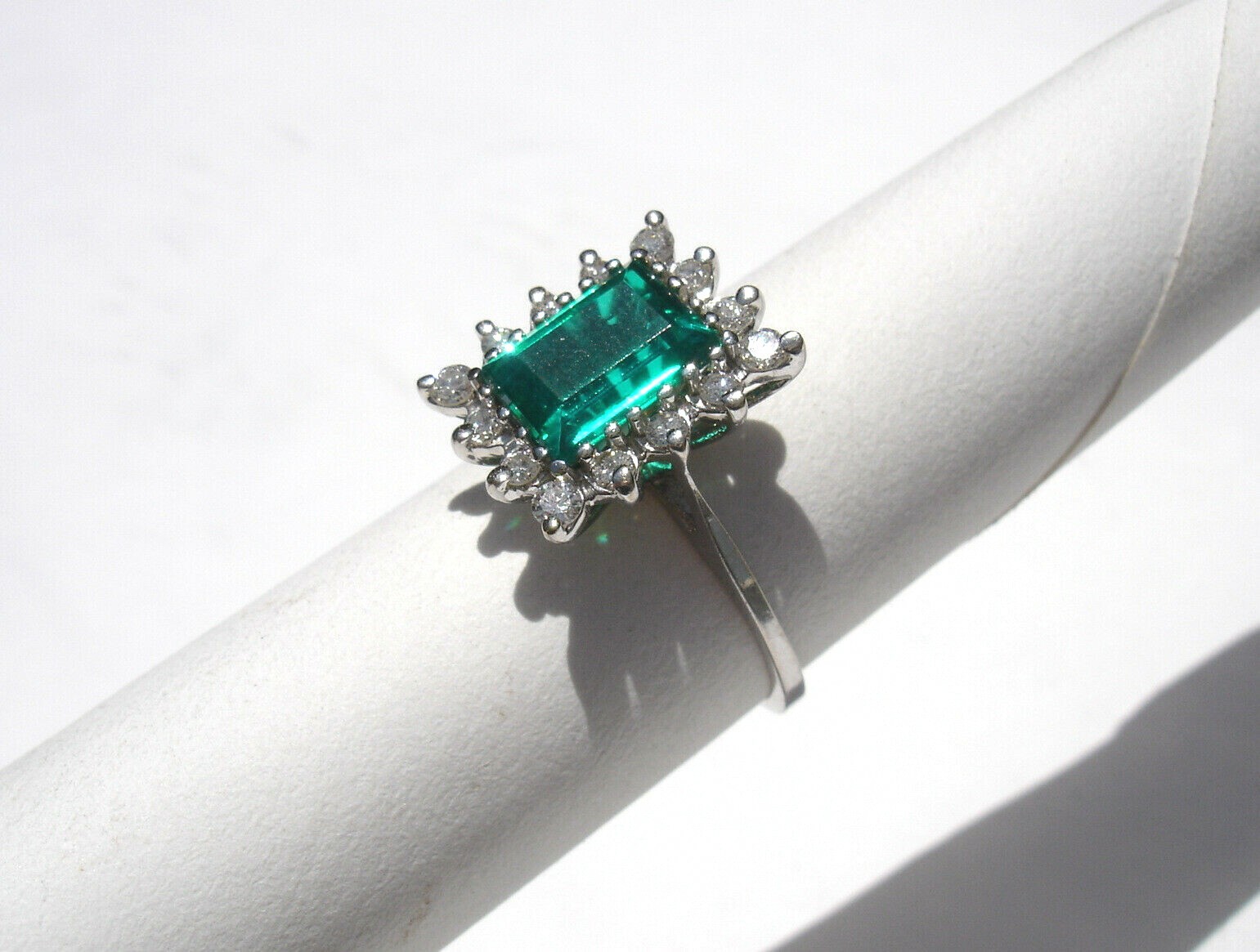 (1.51 Carat) EMERALD (.42 ctw) Diamond RING 14K white GOLD (Chatham lab created)