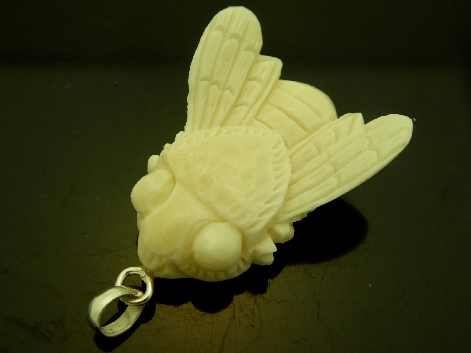 Carved Honey Bee Water Buffalo Bubalus Bubalis Bone Sterling 925 Amulet Necklace