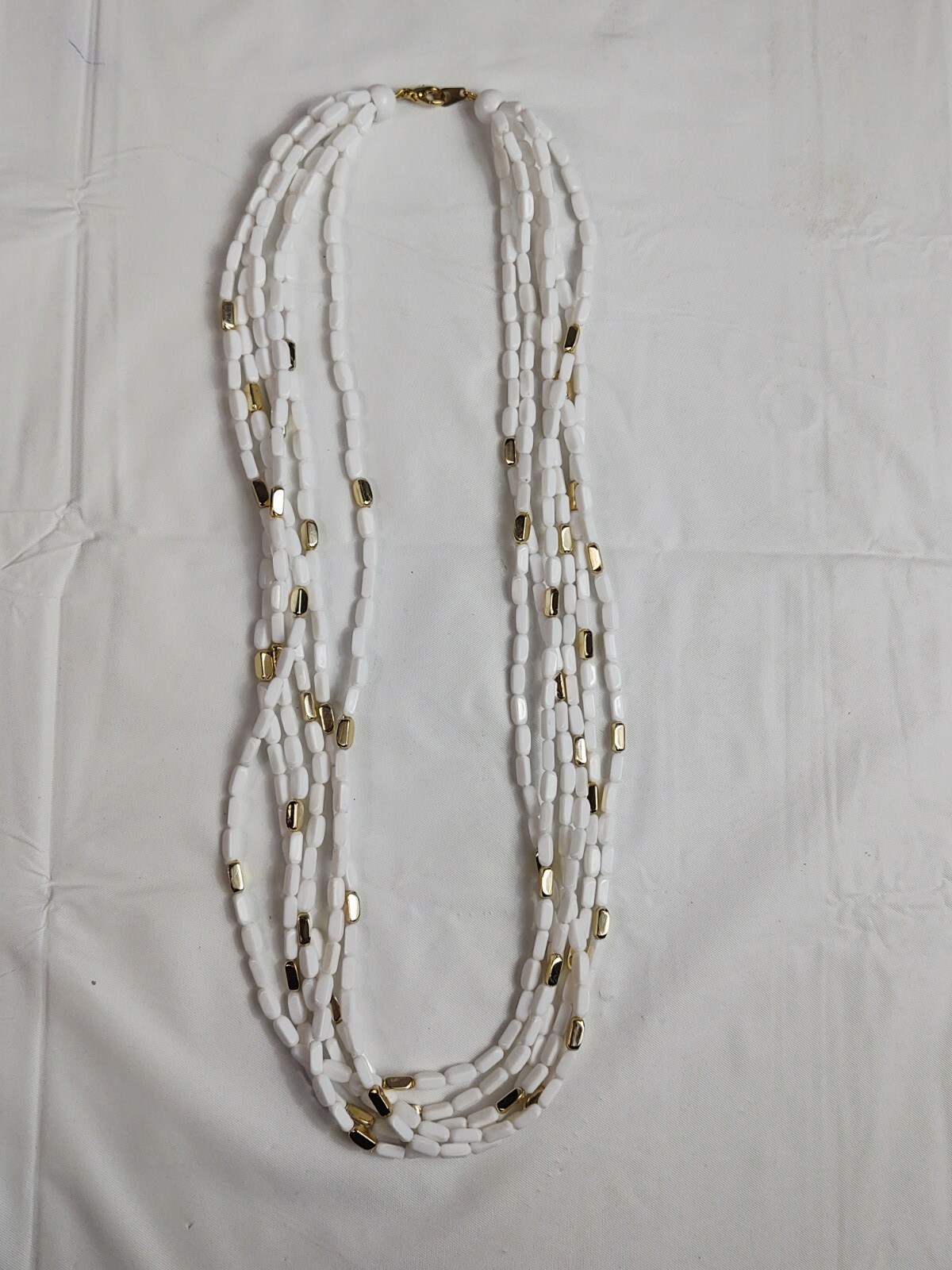 Vintage 6 Strand White & Gold Tone Bead Necklace Women’s Costume Jewelry