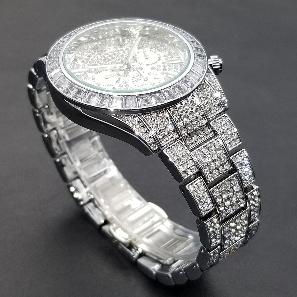 Hip Hop Luxury Silver Ice out Men’s Watch Iced King Bling Waterproof Cz Diamond