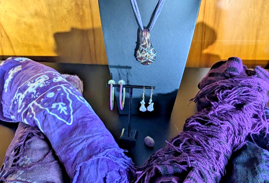 Purple Accessory Lot – 4 Scarves, Necklace, 2 Earrings, & Stone