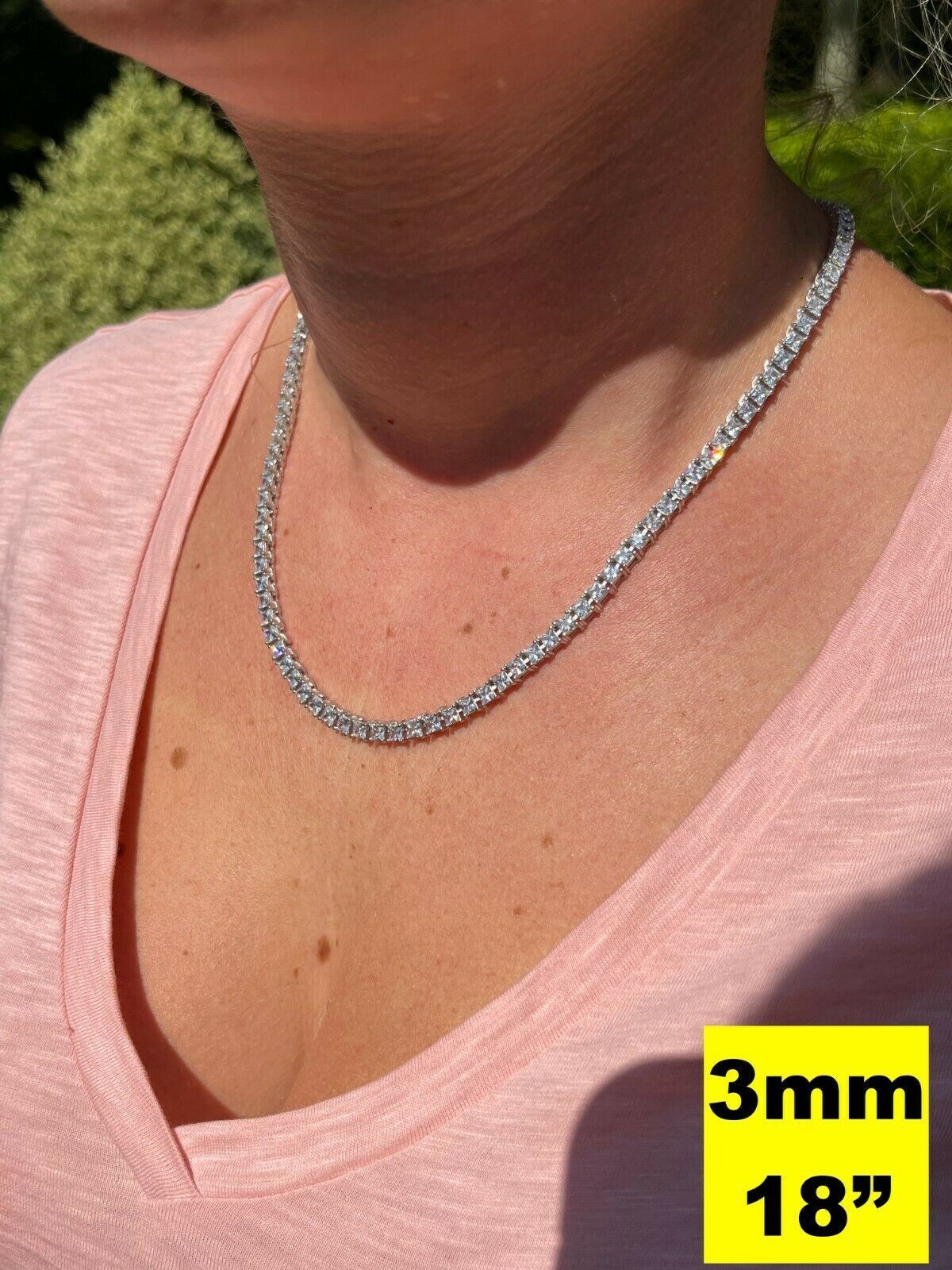 Tennis Chain Real 925 Sterling Silver ICED Square Princess Cut CZ Necklace Chain