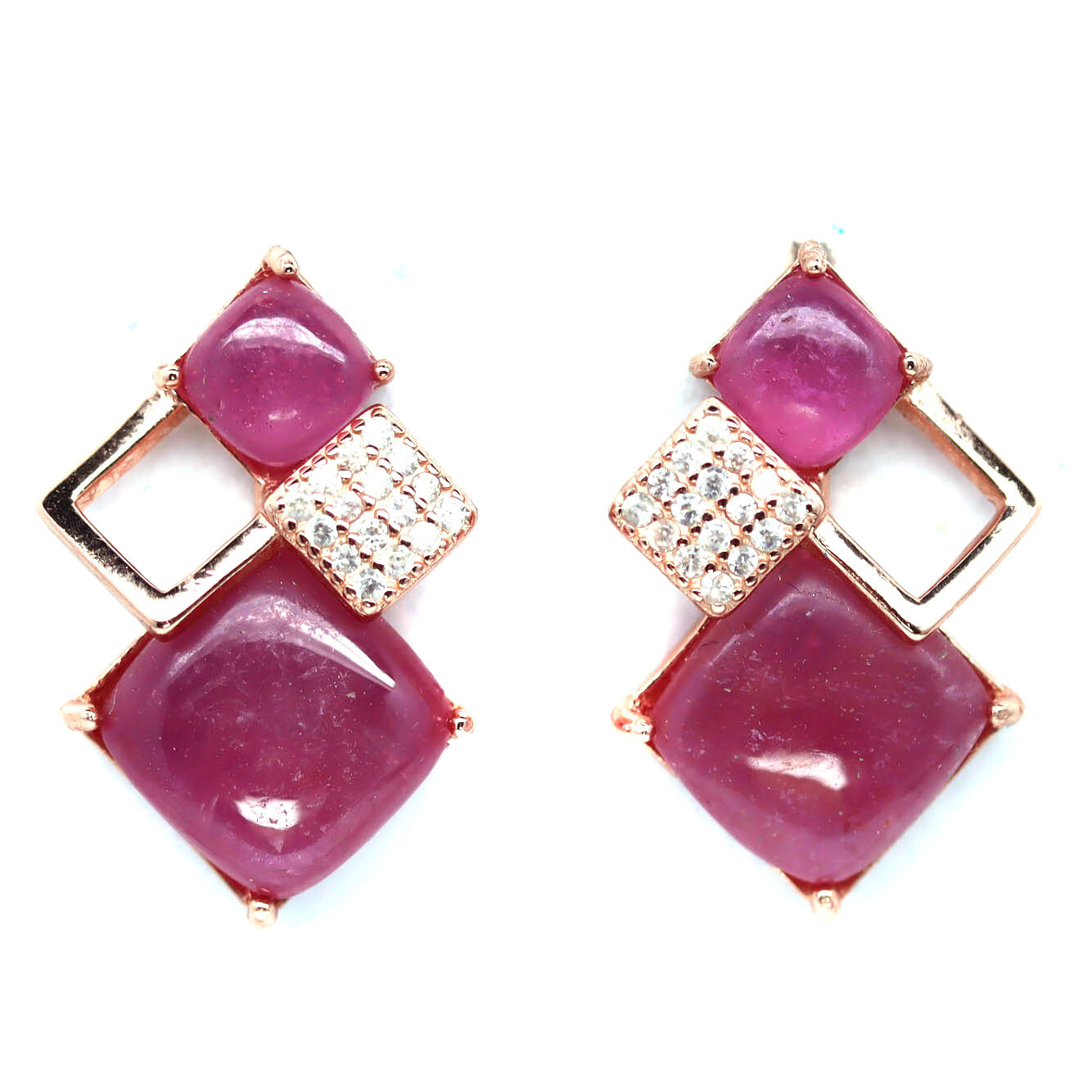 925 Sterling Silver Rose Gold Coated Red Ruby & White Zircon Earrings