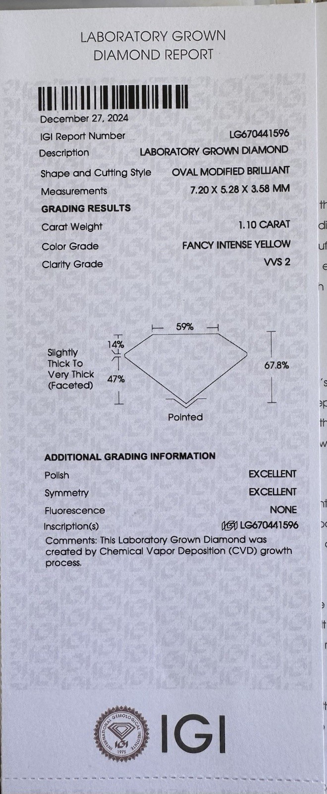 IGI Certified Lab Grown Oval Diamond 1.10ct Fancy Intense Yellow VVS2 Ex Cut