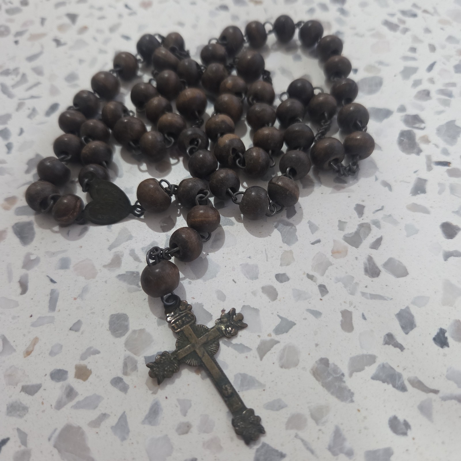 Antique French Wood Brass Rosary Beads & Cross 72cm Necklace 13cm To Cross