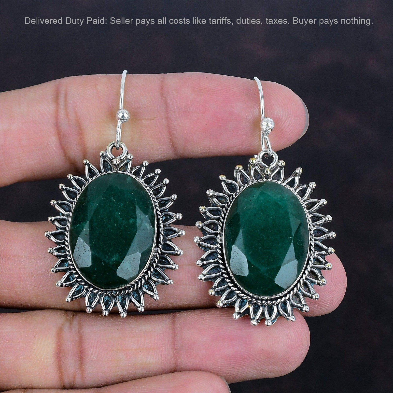 Zambian Emrald Stone Sterling Silver New Anniversary Dangle Earrings Jewelry