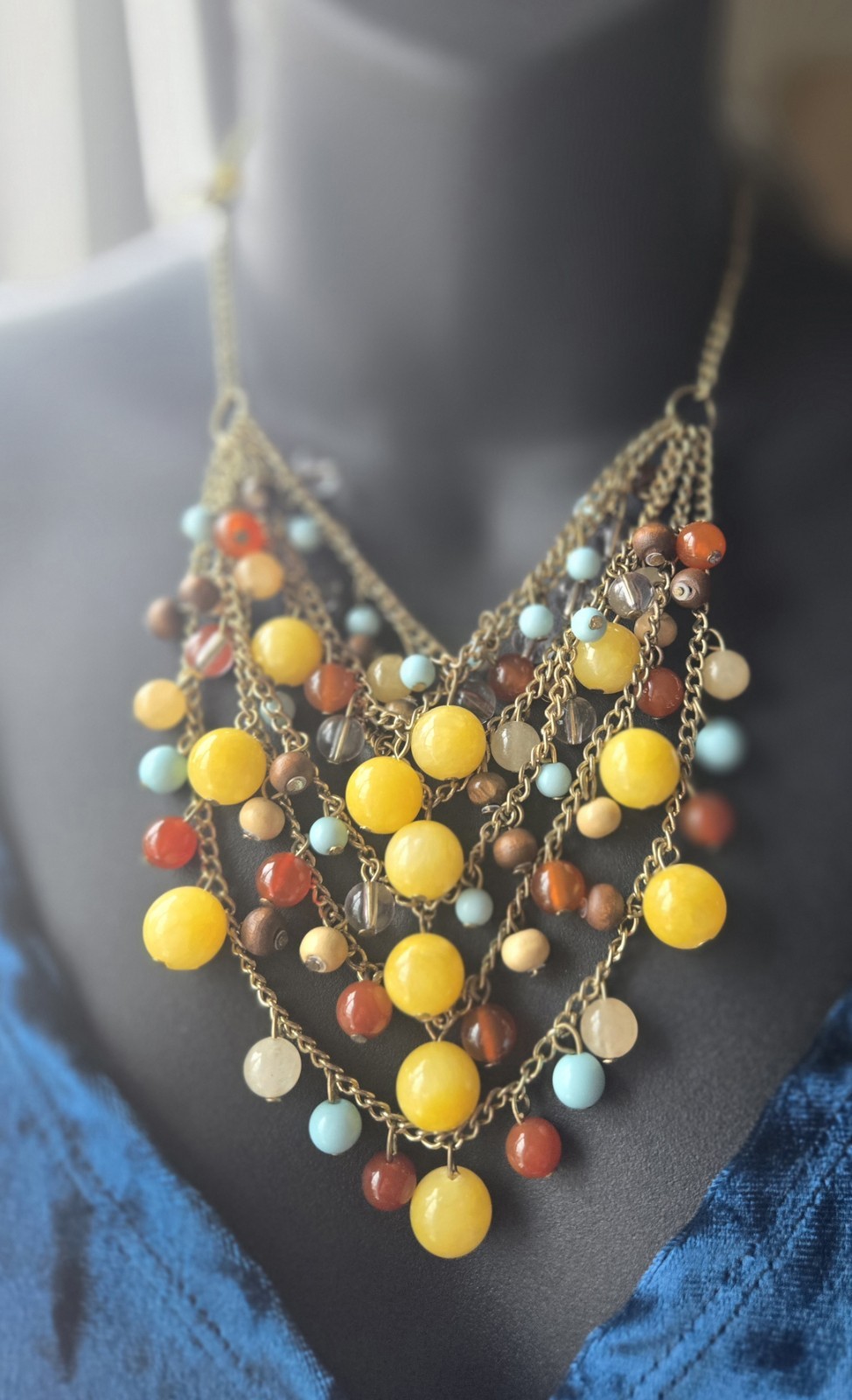 BLP Statement Bib Beaded Necklace Multi-Strand Yellow Red Blue Brown 19 in Cable
