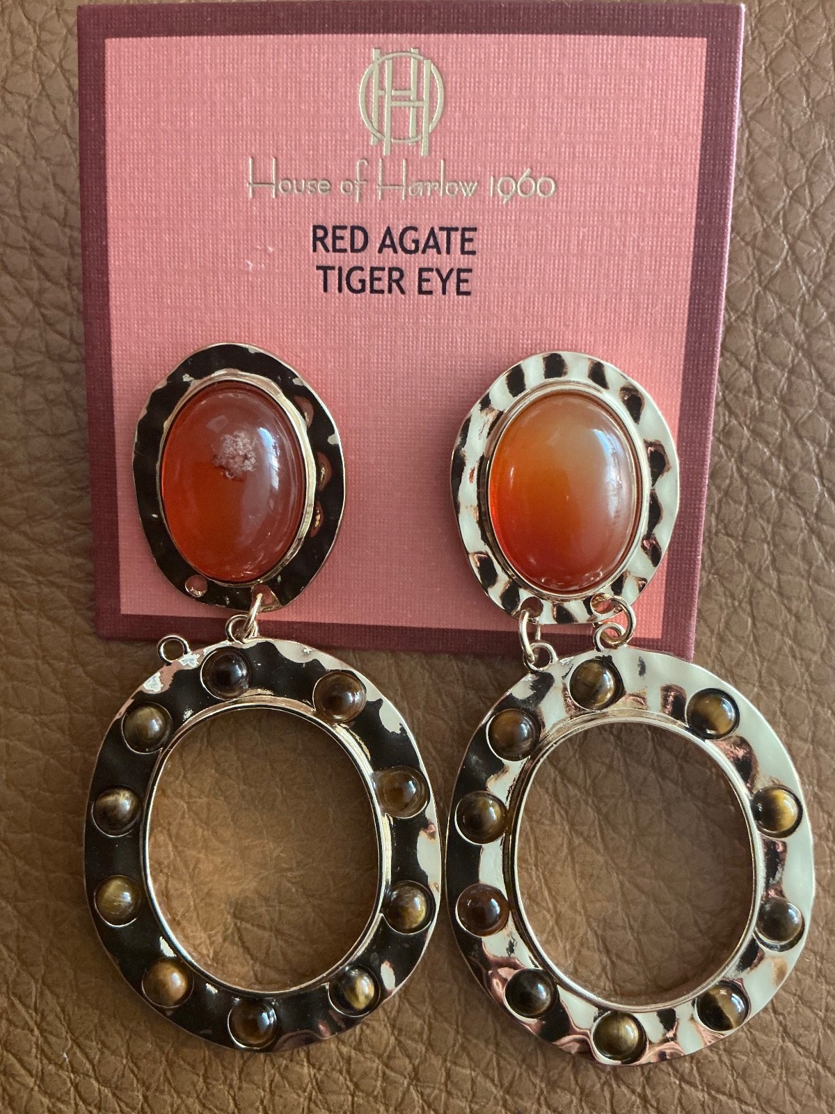 House of Harlow 1960 Red Agate Tiger Eye Gold Tone 2.5” Drop hoop Earrings NWT
