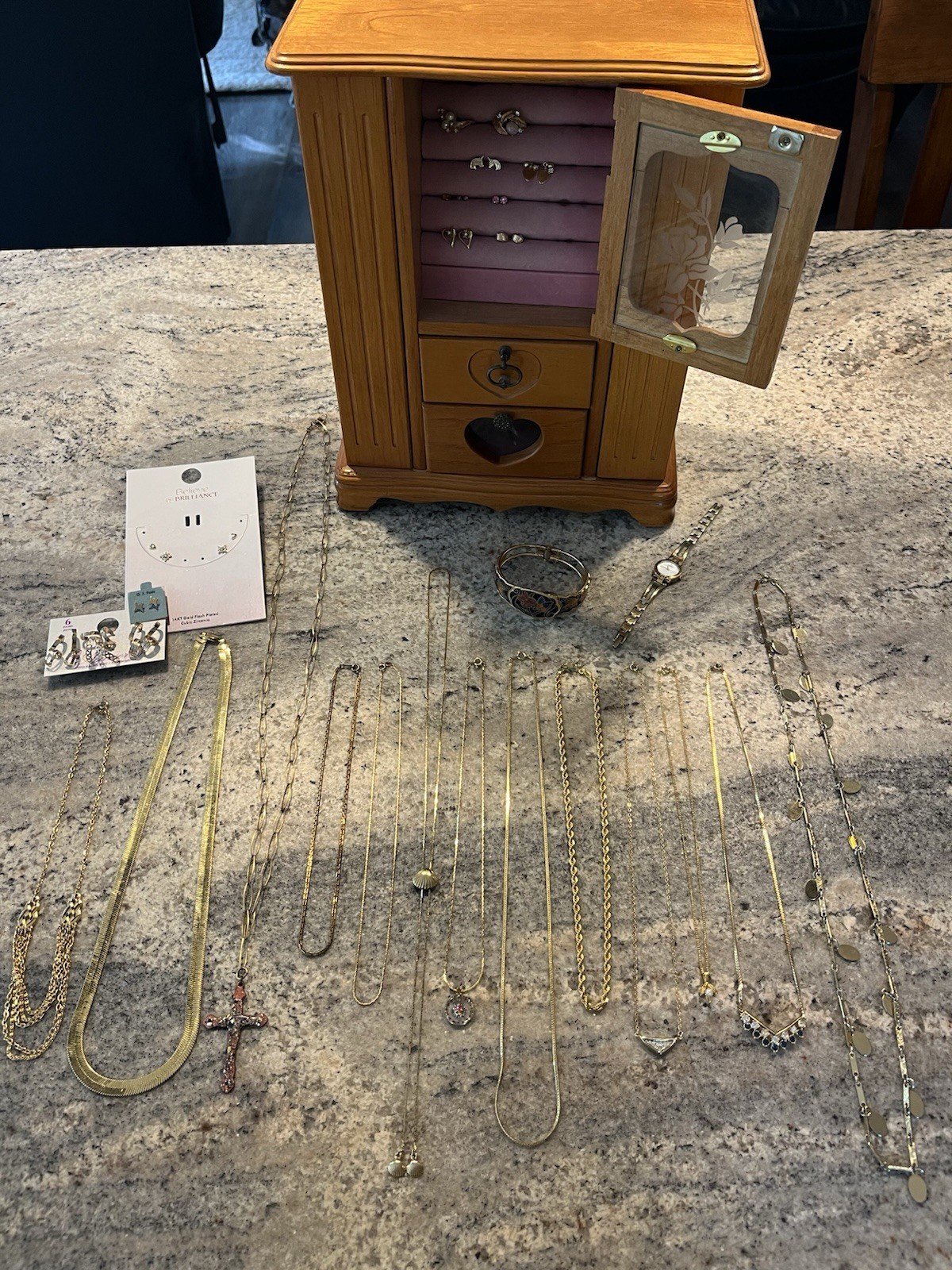 Vintage Wooden Table Top Armoire Style Jewelry Box & Gold Tone Jewelry Lot